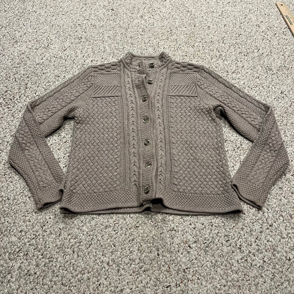 LL Bean Cable Knit Cotton Button Front Cardigan Sweater S Tan Preppy Fisherman